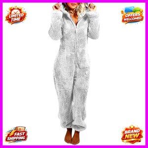 Women's Fleece Hooded Onesie Pajamas, Warm Sherpa Romper, Zipper Sleepwear